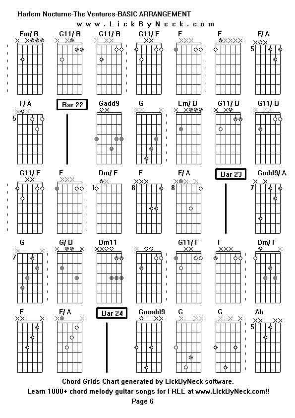 Chord Grids Chart of chord melody fingerstyle guitar song-Harlem Nocturne-The Ventures-BASIC ARRANGEMENT,generated by LickByNeck software.